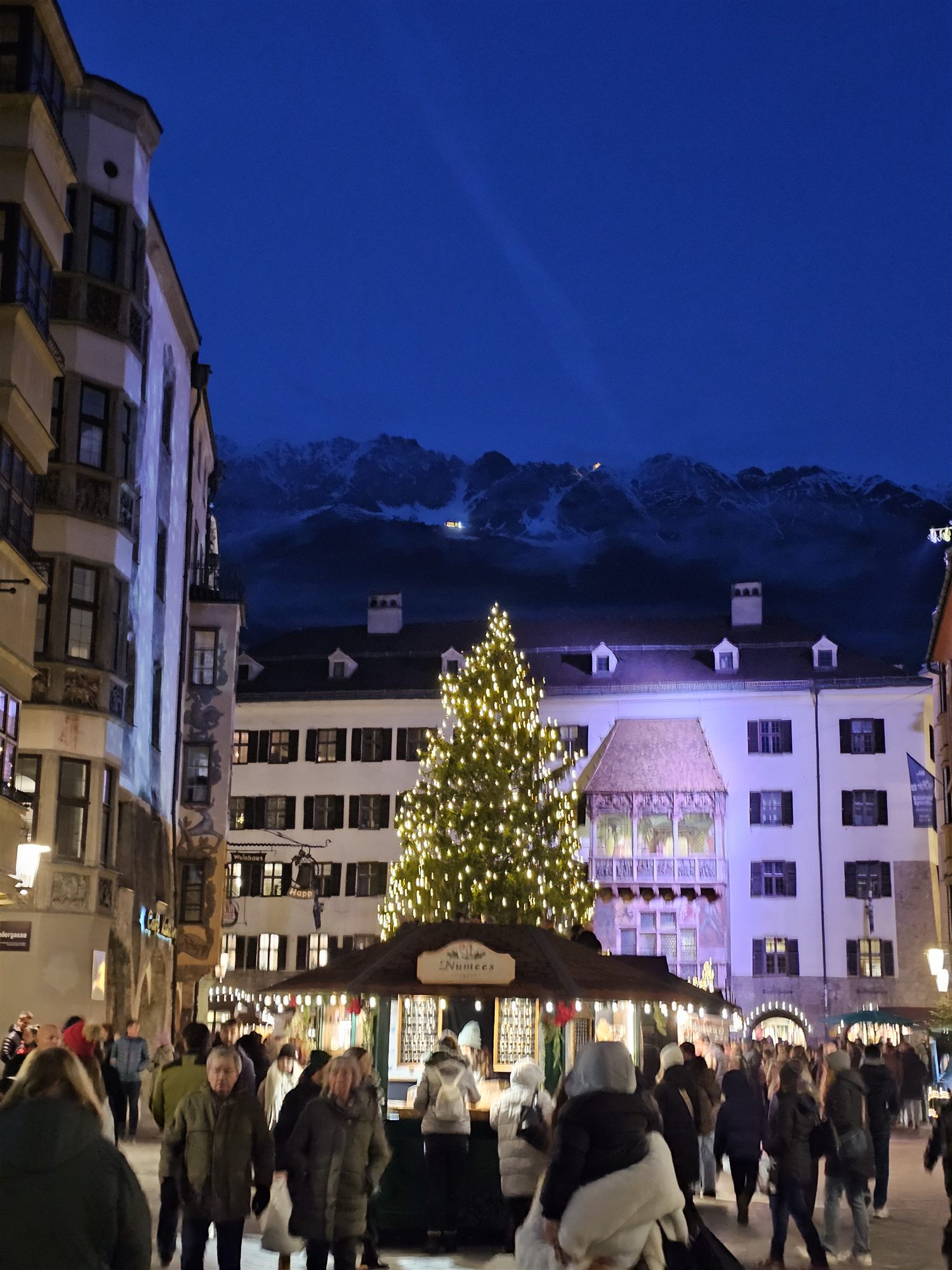 Innsbruck's Christmas market at night, lit tree in front of the Golden Roof, mountains behind