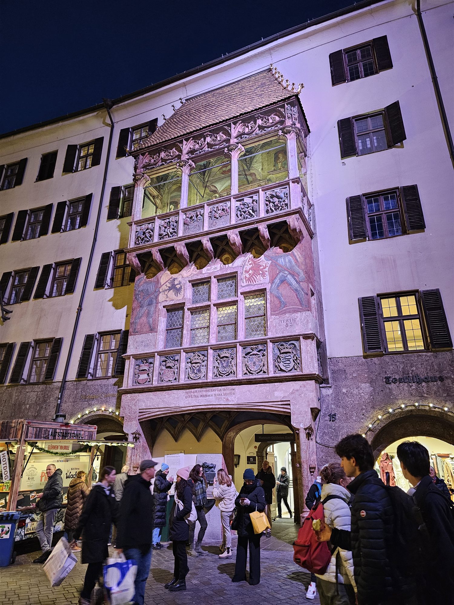 Close view of the Golden Roof (Goldenes Dachl) balcony at night, Innsbruck