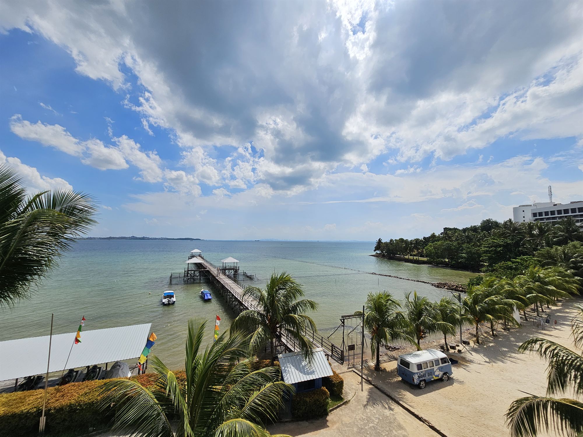 Aerial view of the jetty and beach at Montigo Resort, Batam