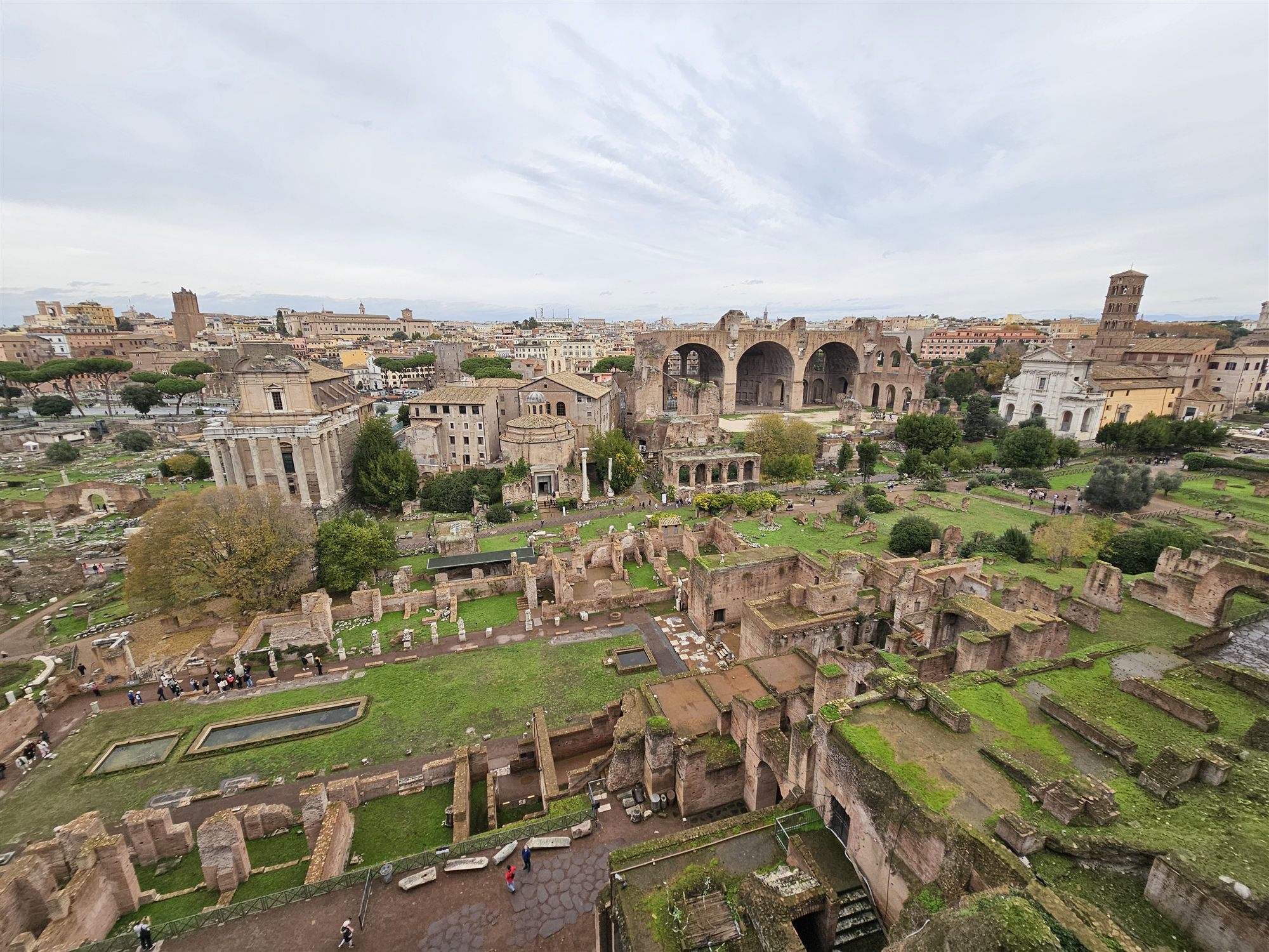 The Roman Forum seen from Palatine Hill, the arches of the Basilica of Maxentius on the right