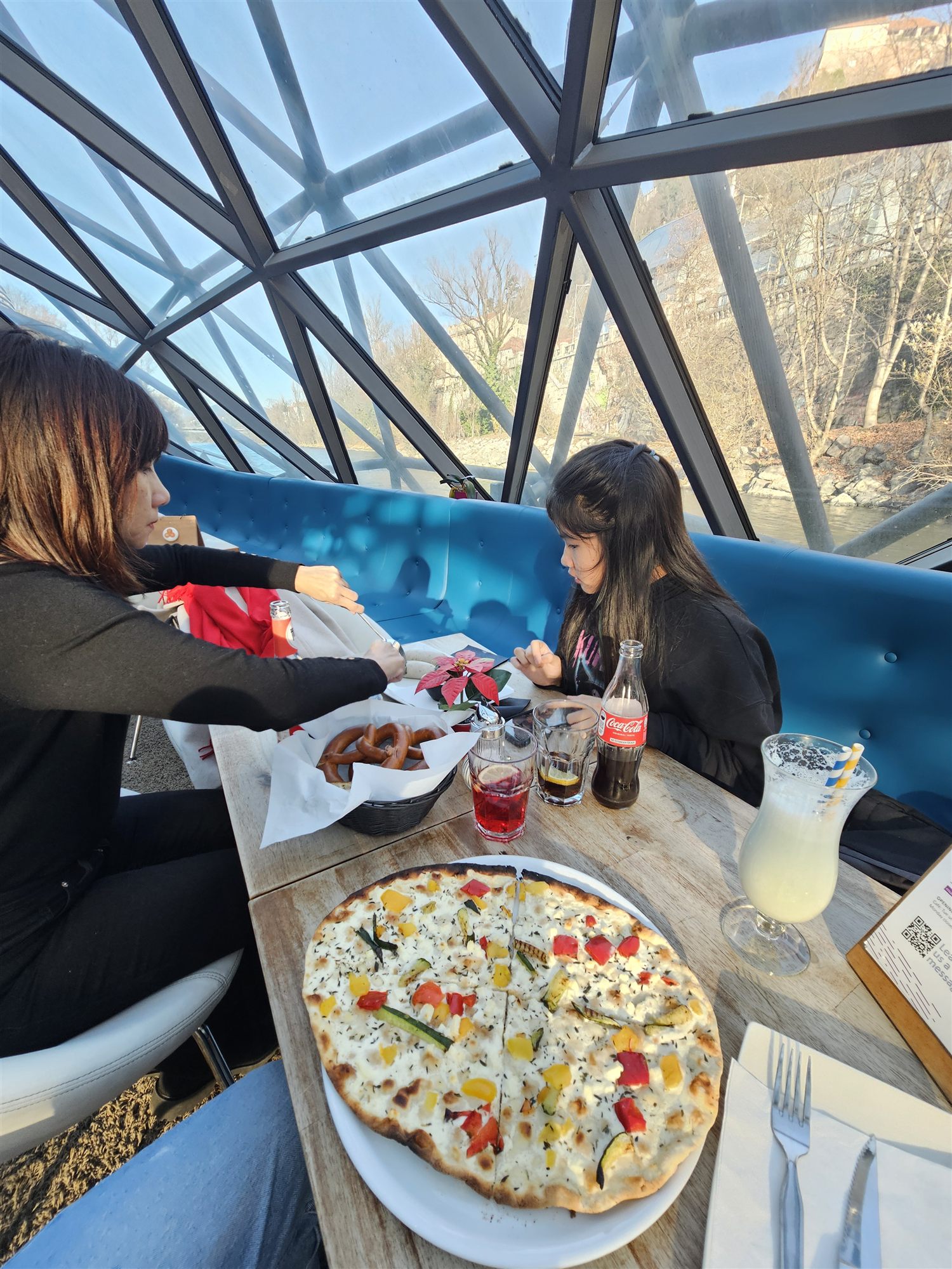 Lunch inside the Murinsel café on the Mur River, Graz