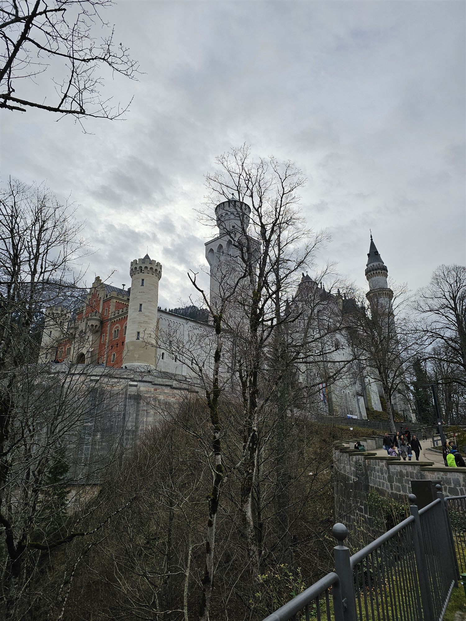 Neuschwanstein Castle's white towers rising above the bare trees on the hillside