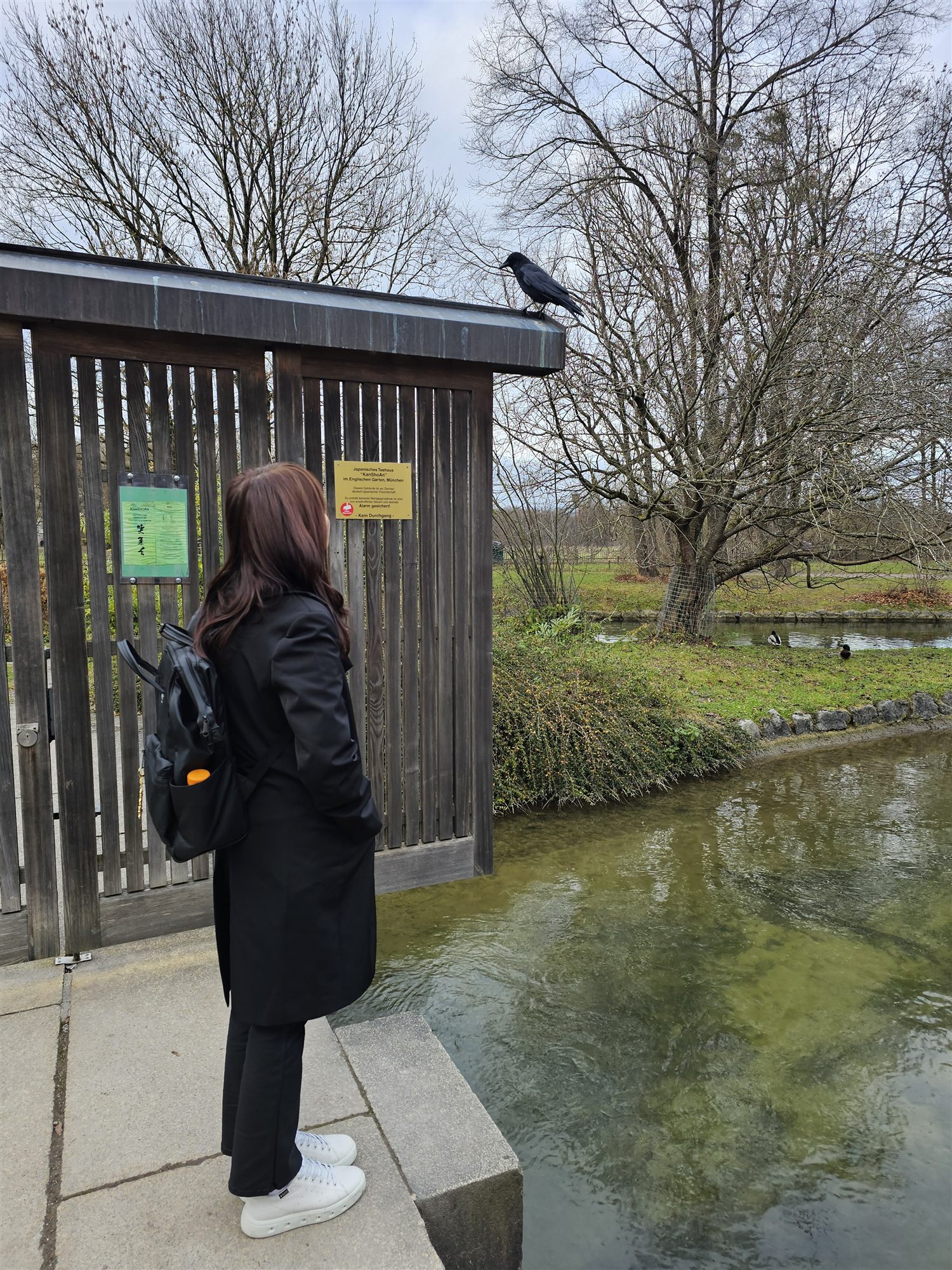 The Japanese teahouse in Munich's English Garden, a crow perched on the roof