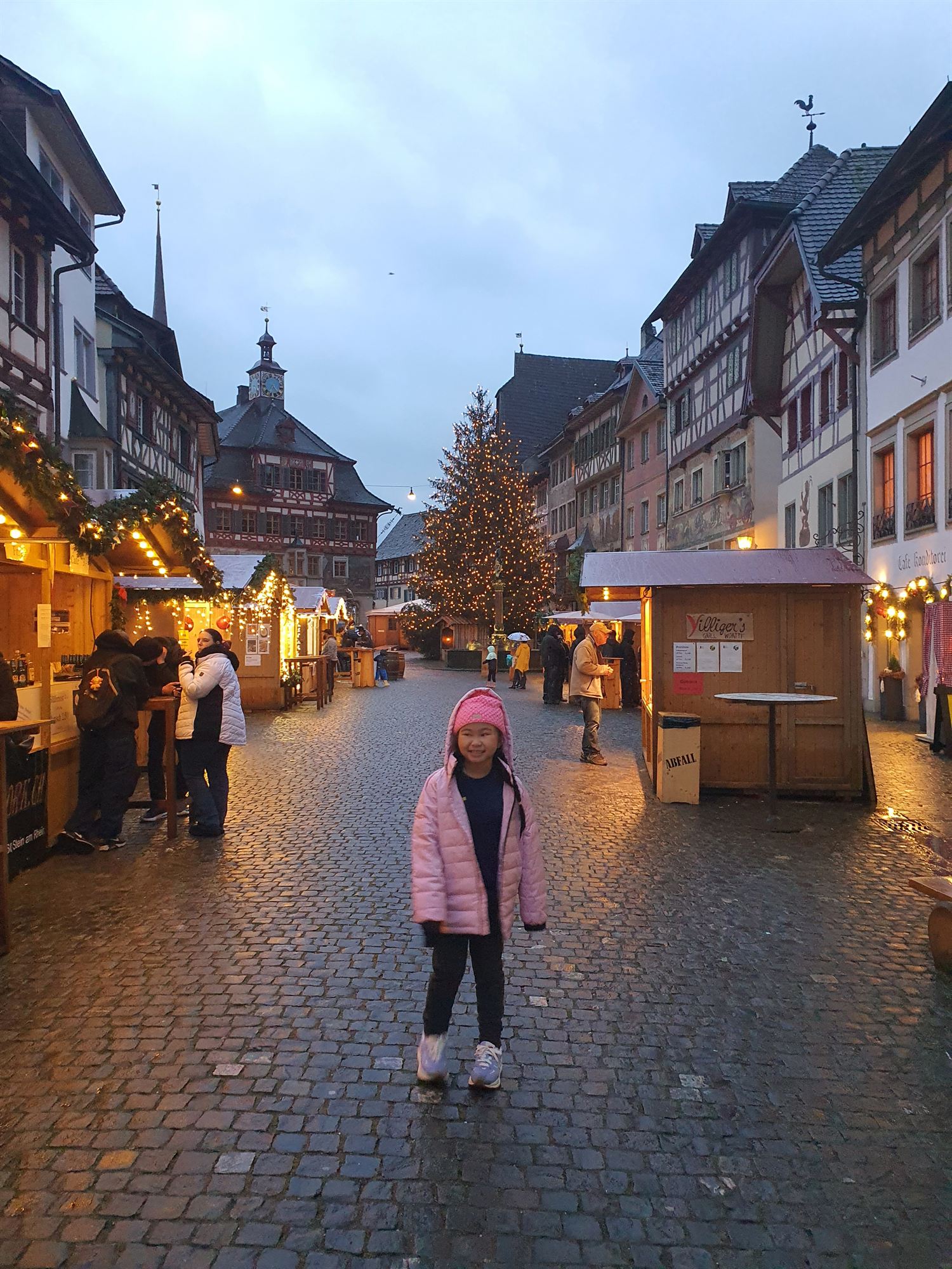 Christmas tree and market stalls in Stein am Rhein's old town square