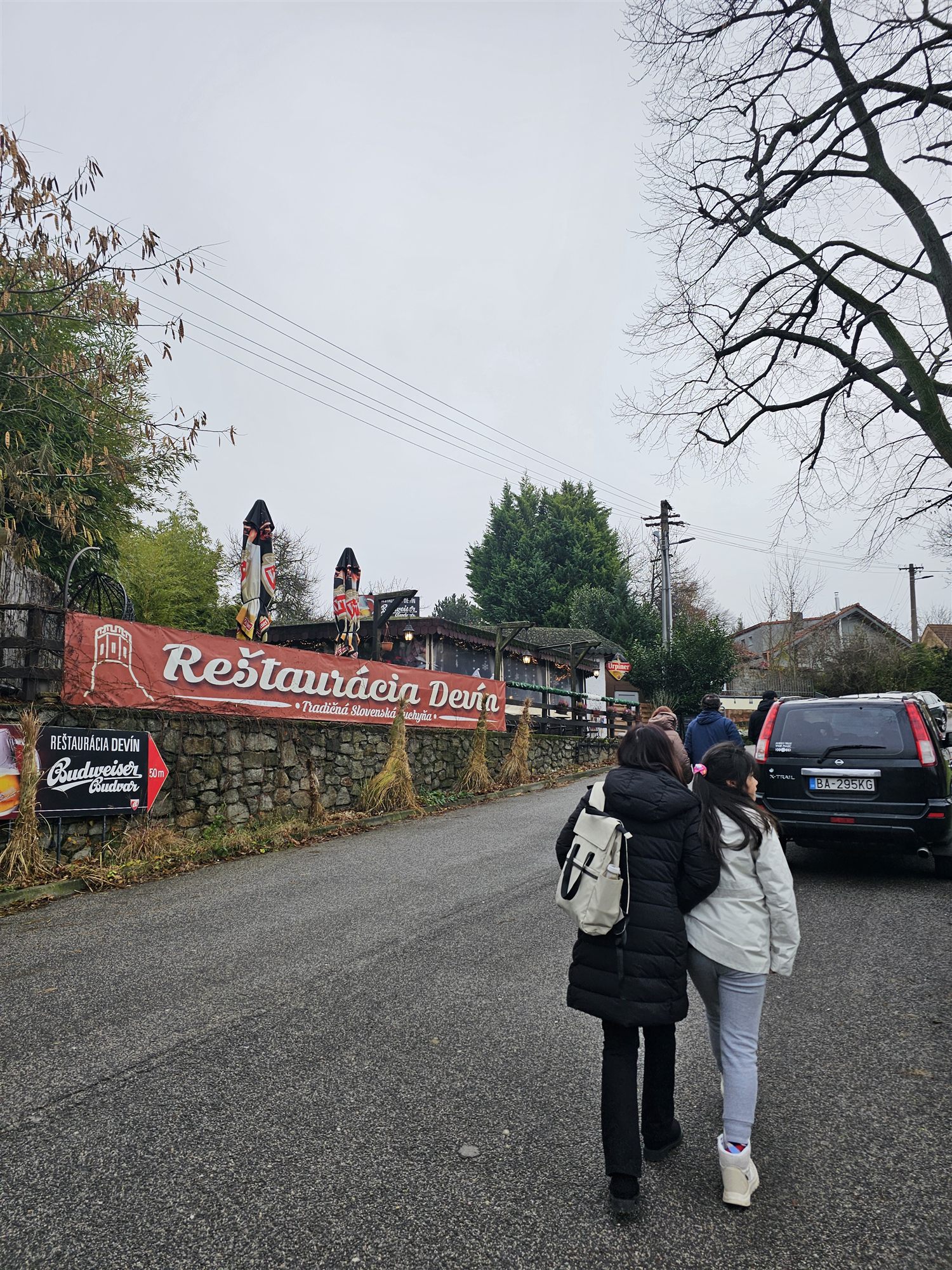 Walking toward Reštaurácia Devín, a traditional Slovak restaurant