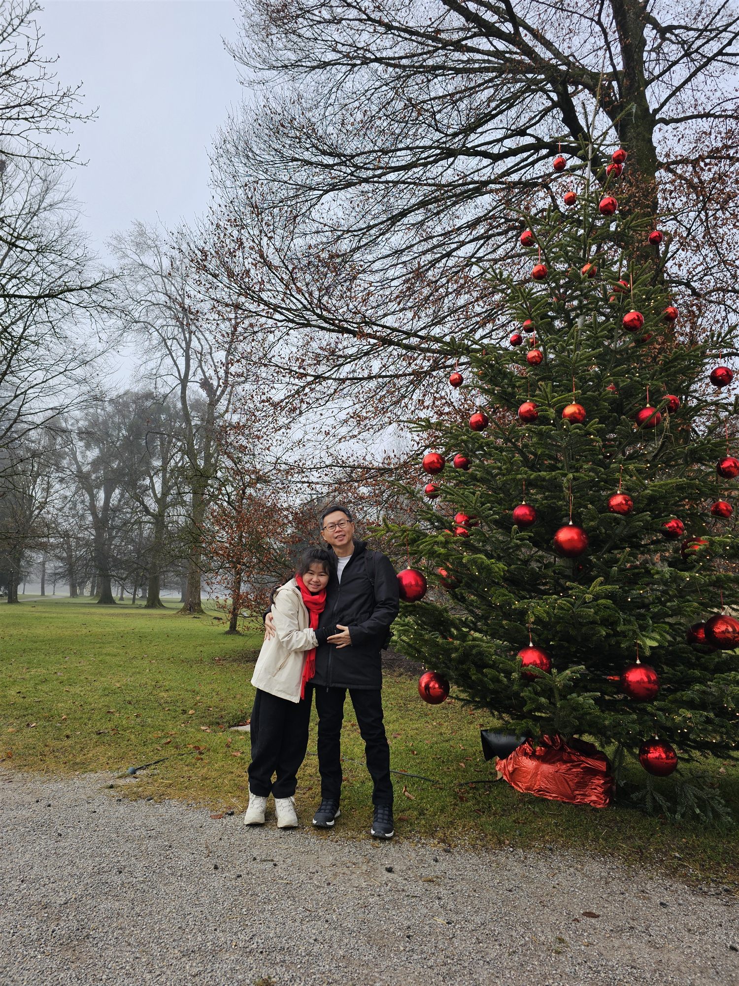 Family beside a decorated Christmas tree with red baubles in a foggy Salzburg park