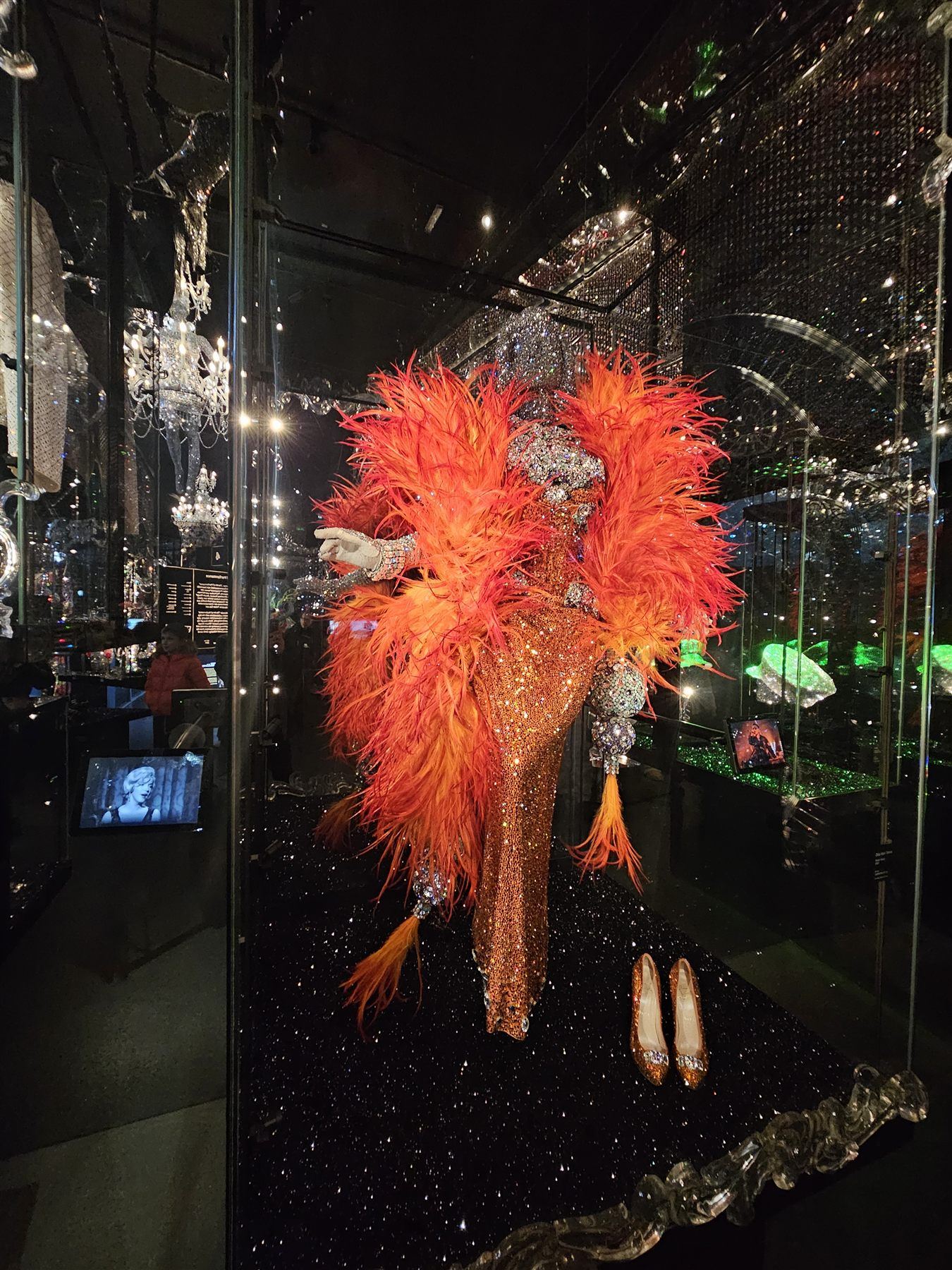 A crystal-embellished feathered costume on display at Swarovski Crystal Worlds