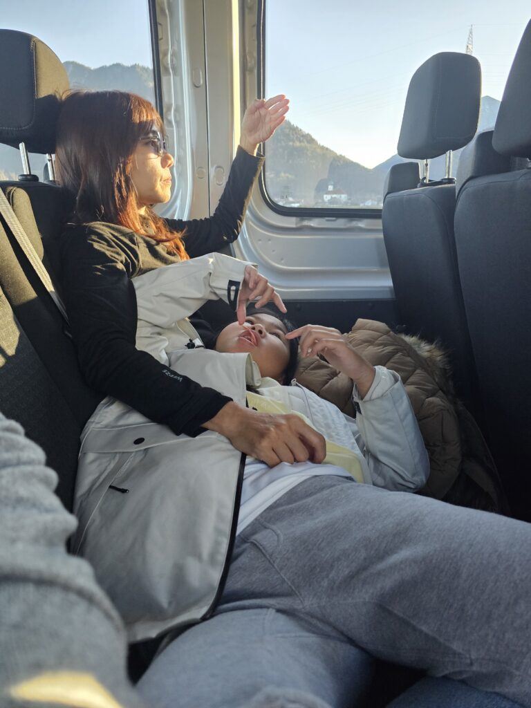 Resting on the drive toward Zugspitze, mountains through the window