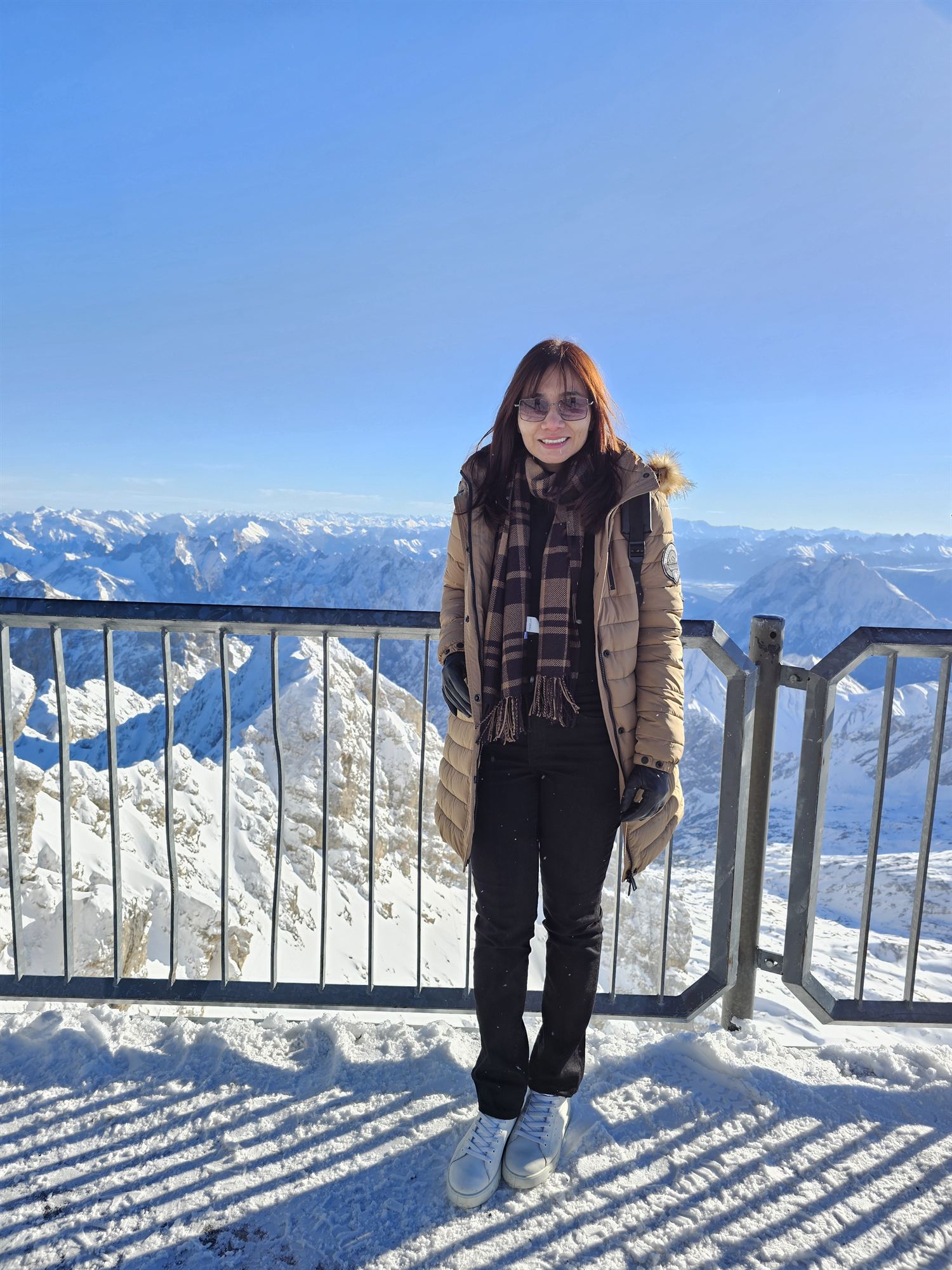 Standing at the summit viewing platform railing, panoramic Alpine views