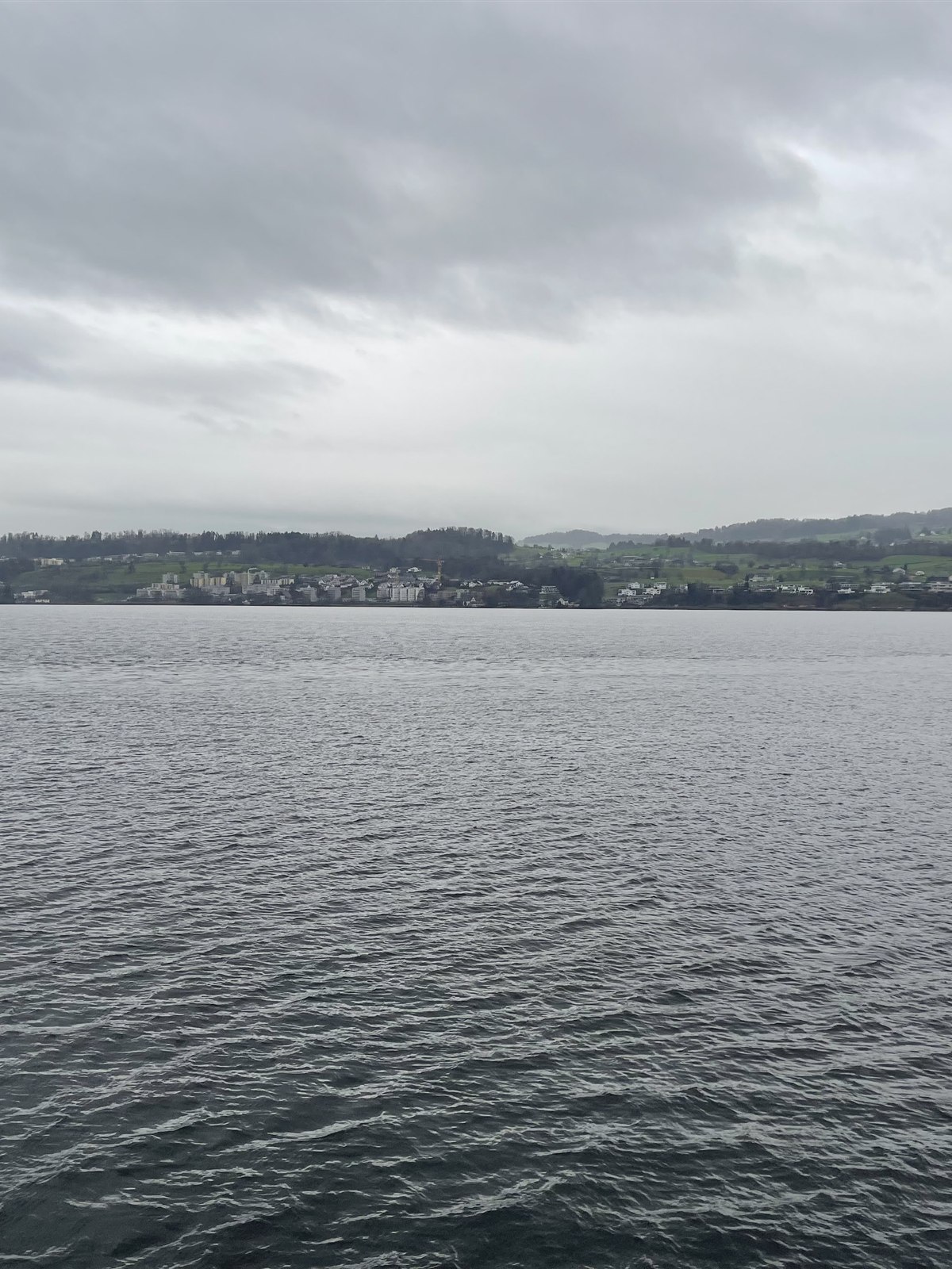 Open grey water of Lake Zurich with a line of villages on the far shore under a cloudy sky